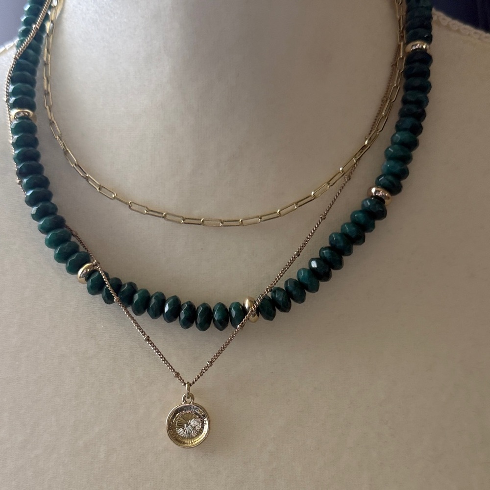 J. Crew Emerald Green Beaded Layered Necklace with Gold Pendant